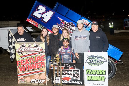 <strong> Rico Abreu celebrates victory with friends and crew in Atomic Speedway victory lane - (Vince Vellella Photo) </strong>