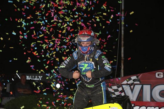 <strong>Brady Bacon poses in victory lane after winning Thursday night's 'Eastern Storm' opener at Grandview Speedway. (Michael Fry Photo)</strong>