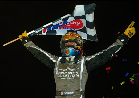 <strong>Tyler Courtney is joyous after capturing the victory in Wednesday night's Dorsett Automotive 'Don Smith Classic' / NOS Energy Drink 'Indiana Sprint Week' feature at the Terre Haute Action Track. (Gene Crucean Photo)</strong>