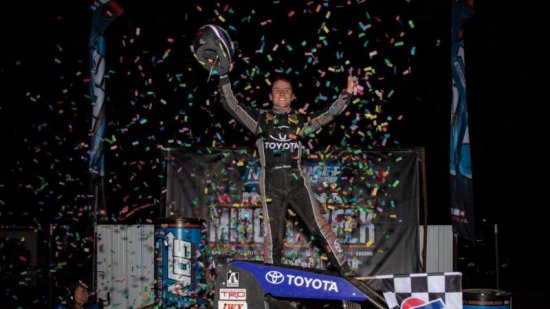 <strong> Logan Seavey celebrates the victory in Tuesday's 'Indiana Midget Week' opener at Montpelier. (Rich Forman Photo) </strong>