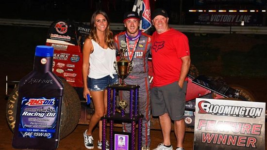 <strong>Kevin Thomas, Jr. celebrates Friday night's NOS Energy Drink Indiana Sprint Week victory at Bloomington Speedway.<br />
(David Nearpass Photo)<br />
</strong>