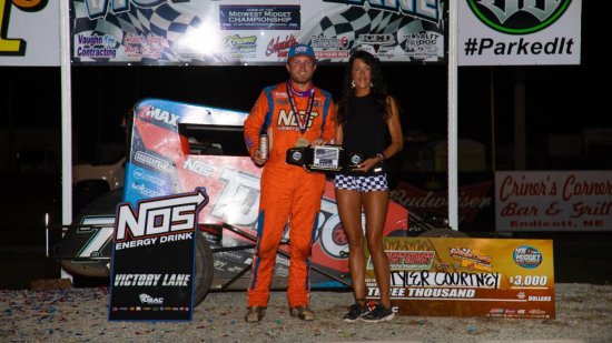 <strong>Tyler Courtney's second USAC NOS Energy Drink National Midget win of 2020 was the 15th of his career, tying him with Don Branson and Larry Rice for 47th all-time. (Rich Forman Photo) </strong>