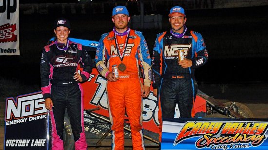 <strong>Sunday's top-three at Caney Valley Speedway: winner Tyler Courtney (middle), 2nd place finisher Chris Windom (right) and 3rd place finisher Kaylee Bryson (left).<br />
(Lonnie Wheatley Photo)</strong>